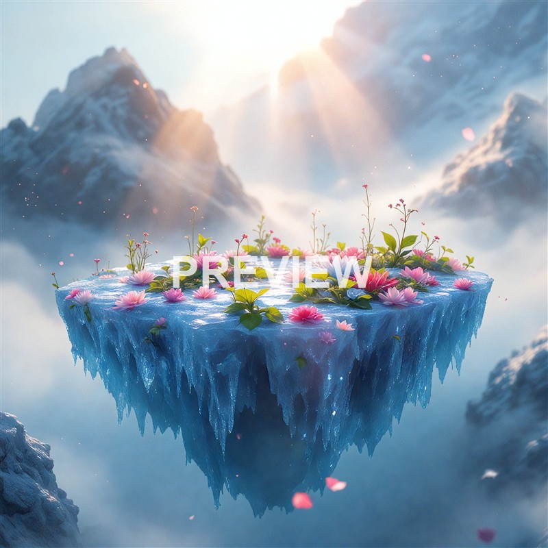 A floating, icy island adorned with pink and white flowers, surrounded by clouds and mist with sunlight shining from above.
